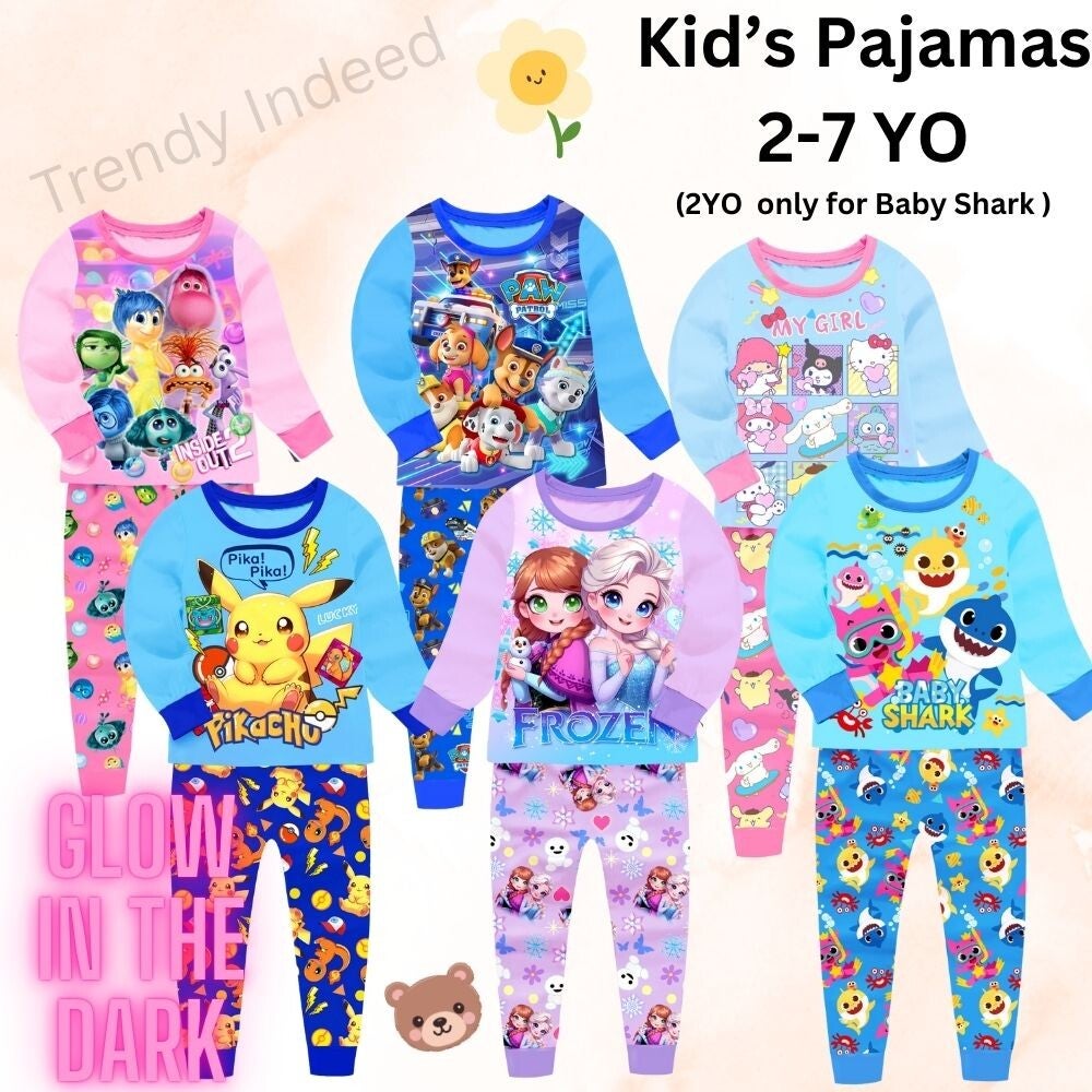 Adorable Kids Pajamas for Ages 2–7 | Inspired by Inside Out, Baby Shark, Sanrio, Frozen, Paw Patrol & Pikachu