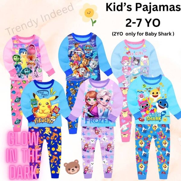 Adorable Kids Pajamas for Ages 2–7 | Inspired by Inside Out, Baby Shark, Sanrio, Frozen, Paw Patrol & Pikachu