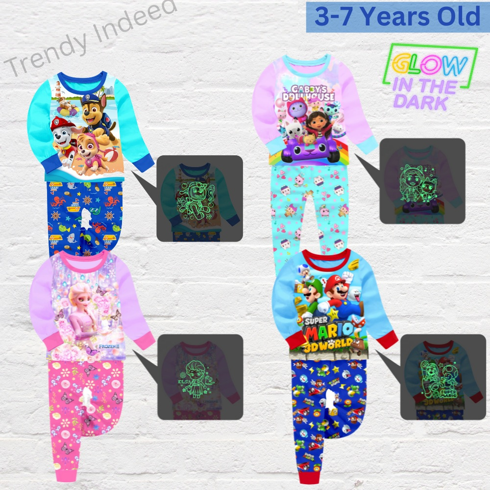 Glow-in-the-Dark Pajamas for Kids | Inspired by Disney Frozen, Gabby’s Dollhouse, Super Mario Brothers, and Paw Patrol | Ages 3–7