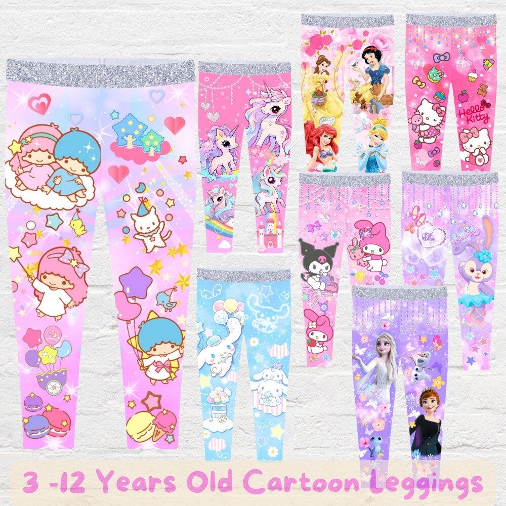 Girls' Leggings Inspired by Kuromi, StellaLou, Cinnamoroll, Disney Frozen, Little Twin Stars, Unicorn, Princess, Hello Kitty | Ages 3–12