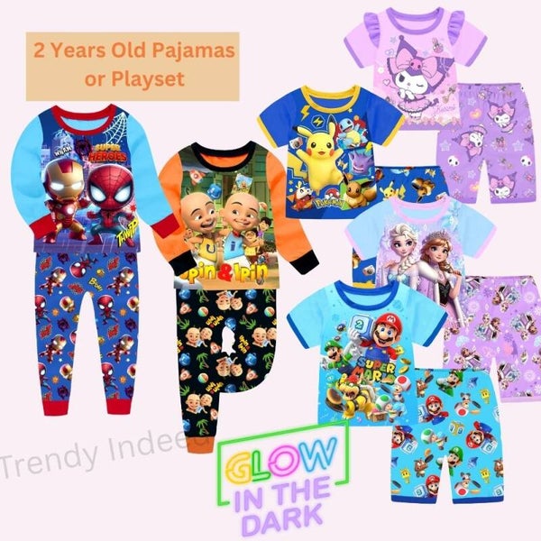 2-Year-Old Glow-in-the-Dark Pajama Playset – Inspired by Frozen, Kuromi, Twins (Upin & Ipin) , Spider (Man) ,  Mouse (Sonic)  & Brothers (Mario)