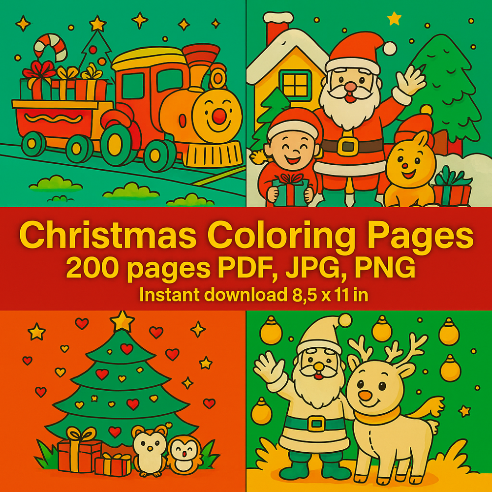 Christmas Coloring Pages Bundle | 200 Printable Holiday Designs | Instant Digital Download PDF, JPG, PNG