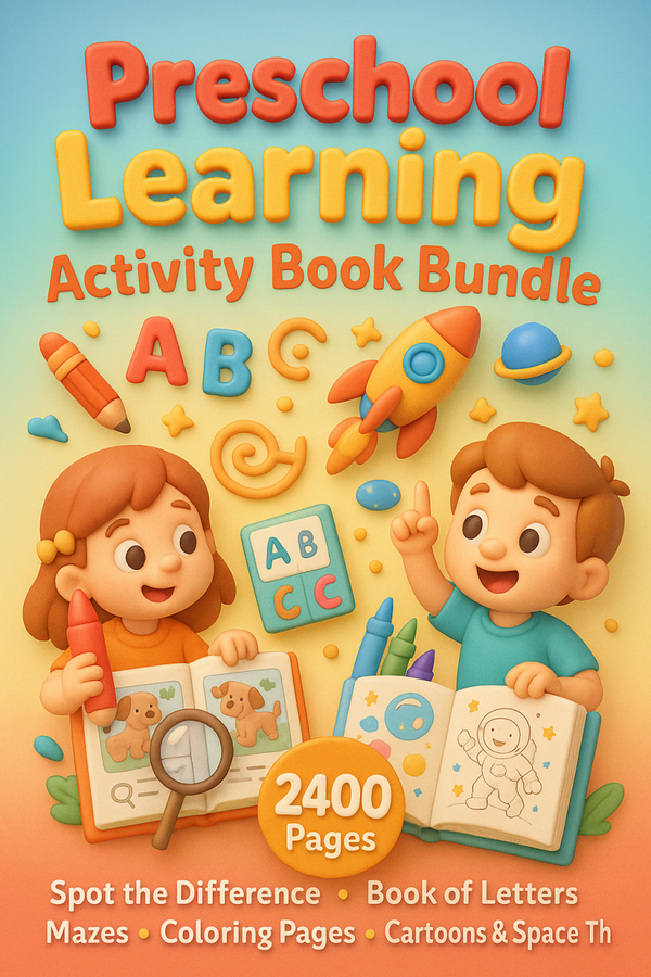 Preschool Learning Activity Book Bundle | 2400+ Pages | Spot the Difference, Mazes, Alphabet, Numbers, Shapes, Coloring Pages | Instant Download