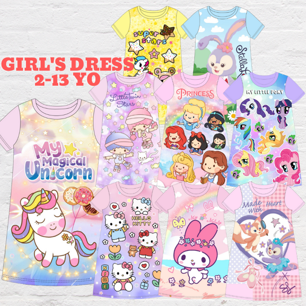 Girls' Cartoon-Inspired Cotton Dress | Ages 2–13 | Inspired by Unicorn, Tokidoki, StellaLou, My Little Pony, My Melody, Princess, Little Twin Stars, Hello Kitty