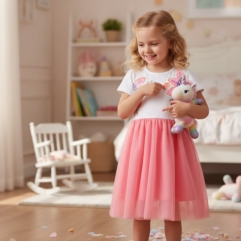 Floral Sequin Tulle Dress for Girls | Elegant Mesh Party Dress