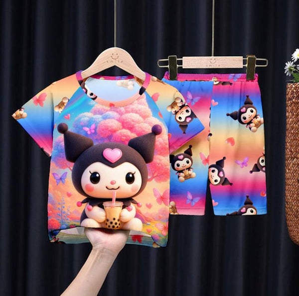 Kuromi-Inspired Kids T-Shirt & Shorts Set | Rainbow Gradient Milk Silk Summer Outfit for Children