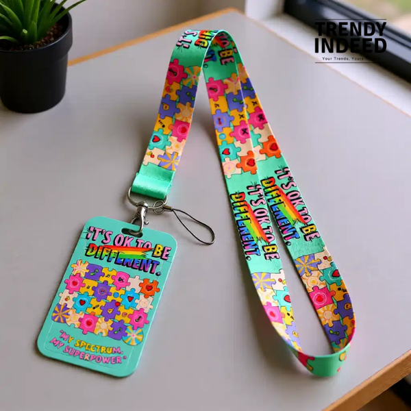 “It’s OK to Be Different” Autism Awareness Lanyard with Card Holder | Rainbow Puzzle ID Neck Strap