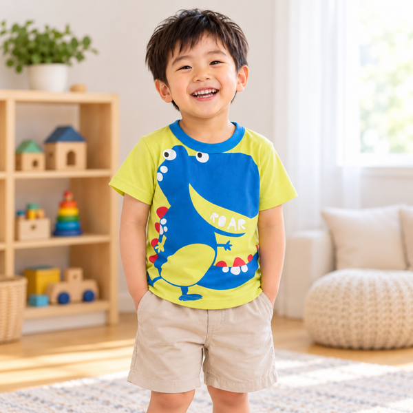 Children’s Green Dinosaur Graphic T-Shirt – 100% Cotton, Short Sleeve