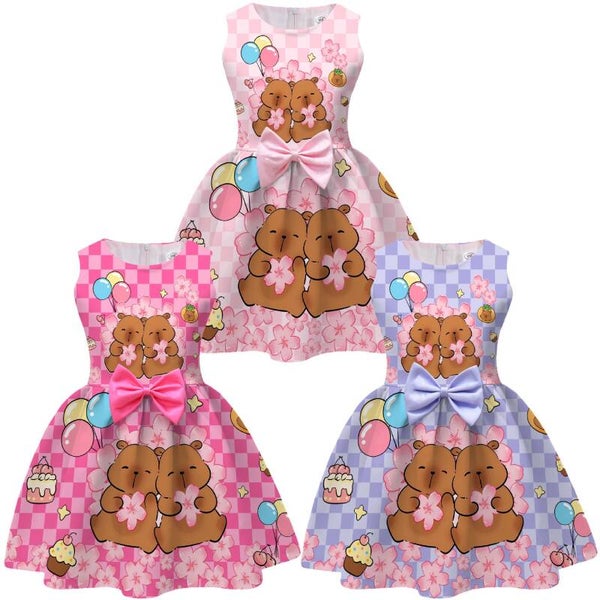 Capybara Print Girls Bow Princess Dress – A-Line Skirt | Ages 3–9Y | Sizes 100–140 | Pink, Rose Red, Purple