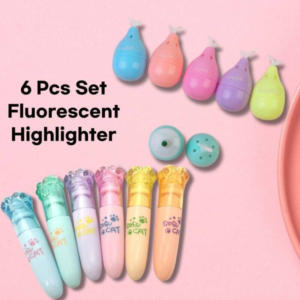 6 Colors Fluorescent Highlighter Pen - Choose Cat Claw or Pear Design