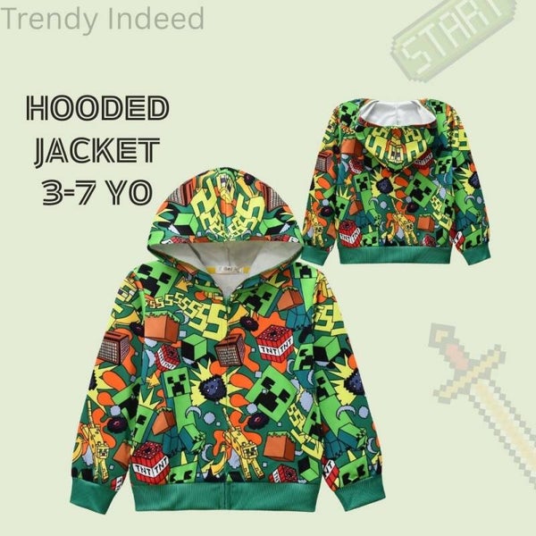 Minecraft-Inspired Hooded Jacket for Boys & Girls (Ages 3–8) | Cozy Zipper Jacket for Kids