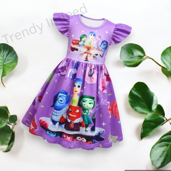 Inside Out 2-Inspired Flying Sleeve A-Line Dress | Girls' Colorful Cartoon Summer Outfit