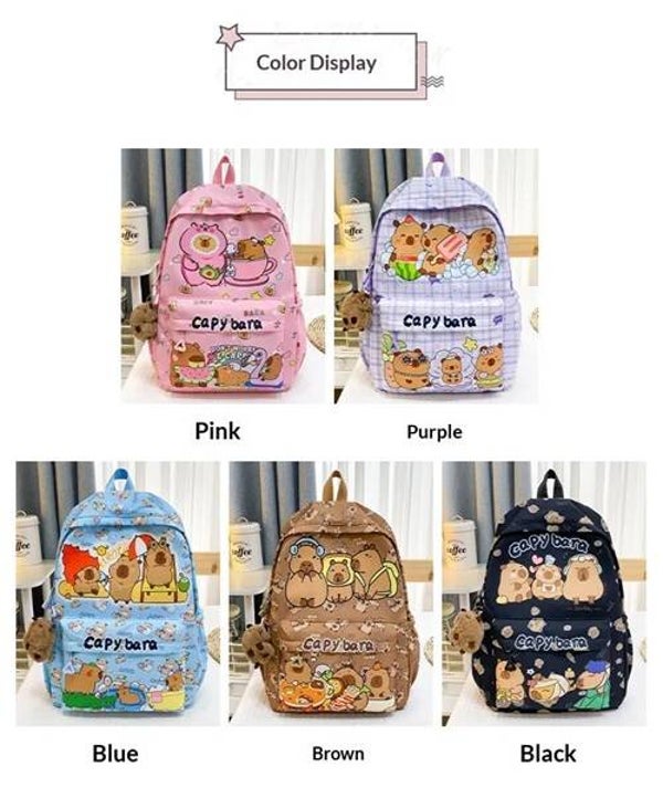 Cute Capybara Cartoon School Backpack for Girls & Kids | Large Capacity Nylon Student Bag with Optional Plush Charm