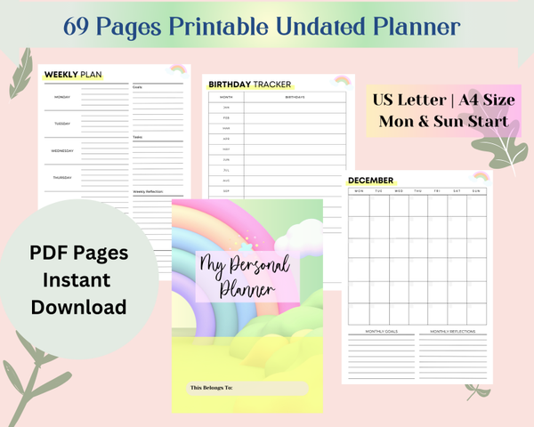 69-Page Printable Undated Planner - Instant Download | Stay Organized & Productive
