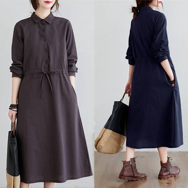 Plus-Size Women’s Japanese-Style A-Line Midi Dress | Long-Sleeve Collared Dress with Drawstring Waist