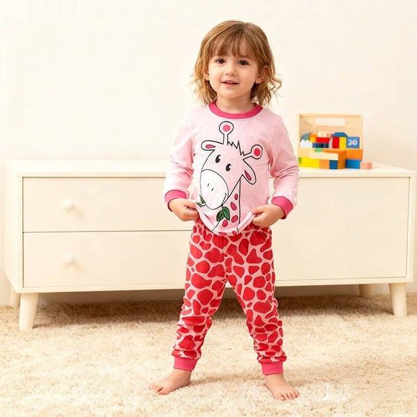 Girls’ Cotton Giraffe Long-Sleeve Loungewear Set | Top and Pants for Ages 2–7