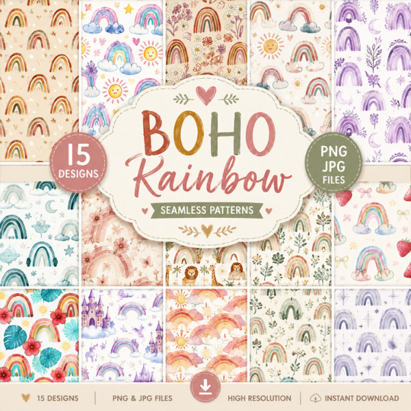 Boho Rainbow Seamless Pattern Bundle | 15 Watercolor Digital Papers PNG & JPG | High Resolution Nursery, Scrapbook & POD Backgrounds