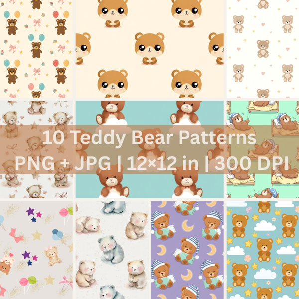 Cute Teddy Bear Seamless Pattern Bundle | Baby Bear Digital Papers PNG JPG | Nursery & Baby Shower Printable Designs