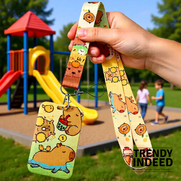 Cute Capybara Lanyard Card Holder Set | Cartoon Student ID Badge Holder with Neck Strap & Phone Charm