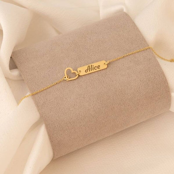 Custom Name Heart Bar Bracelet | Personalized Minimalist Bracelet for Women | Gold, Silver & Rose Gold Jewelry