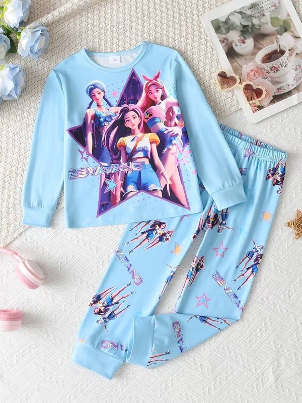 K-Pop Demon Hunter-Inspired Girls Pajama Set | Long Sleeve Two-Piece Sleepwear & Loungewear for Kids