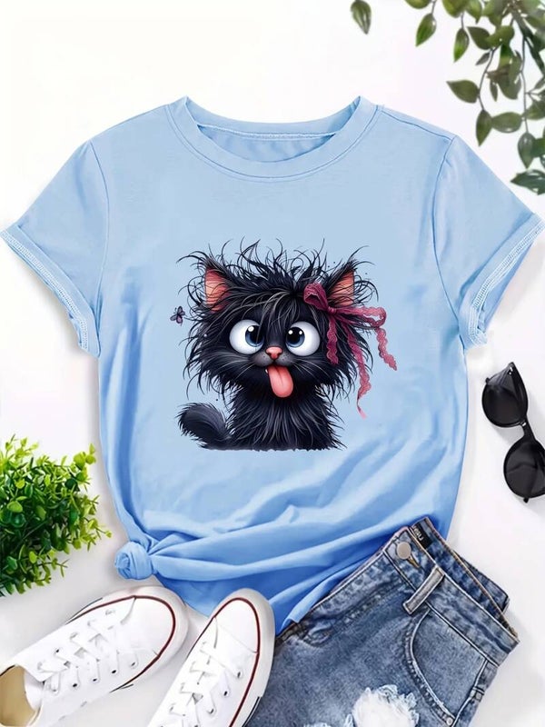 Cute Fluffy Black Cat Women’s Cotton T-Shirt | Japanese Korean Casual Loose Fit Graphic Tee