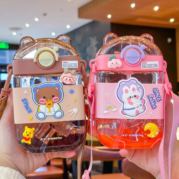 Cute Cartoon Kids Straw Water Bottle 470ML | Portable Plastic Drinking Cup with Strap | Leak-Resistant Space Animal Design Bottle for Children