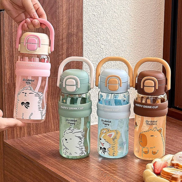 Cute Cartoon Tritan Water Bottle 620ML | Double Drinking Straw & Direct Sip Leak-Proof Cup with Handle