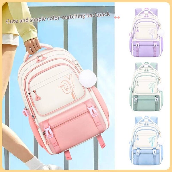Cute Girls 3-Piece School Backpack Set with Pom-Pom | Waterproof Elementary School Bag, Lunch Bag & Pencil Case Set