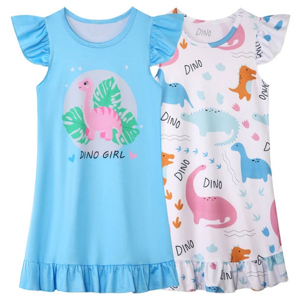 Girls Dinosaur Nightdress Pajama Dress | Cute Short Sleeve Summer Sleepwear for Kids