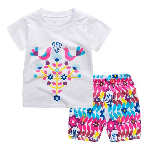 Cute Cartoon Bird Kids Pajama Set | Colorful Cotton Short Sleeve Summer Sleepwear for Girls Ages 2–7