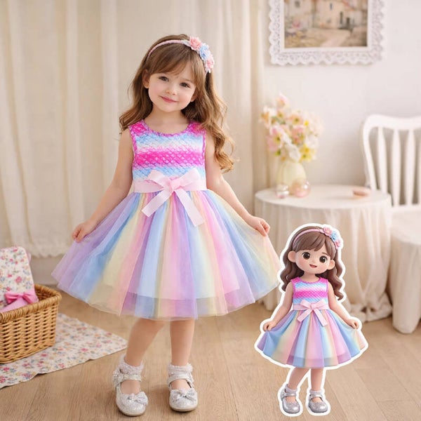 Girls Rainbow Gradient Princess Dress | Fishscale Mesh Tulle Party Dress for Kids