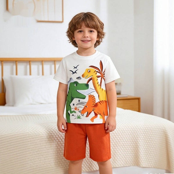 Kids Dinosaur Cotton T-Shirt & Shorts Set | Cartoon Crew Neck Summer Outfit for Boys