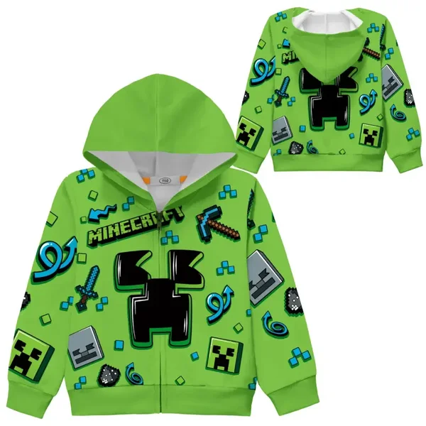 Minecraft-Inspired Kids Zip-Up Hoodie Jacket | Soft Long Sleeve Hooded Coat for Boys & Girls Ages 3–8