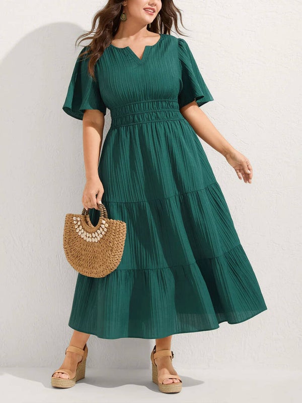 Elegant Resort-Style Plus Size A-Line Maxi Dress for Women | Dark Green High Waist Pleated Casual Dress with Short Sleeves
