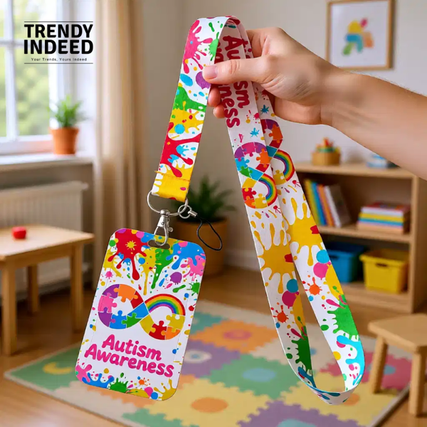 Autism Awareness Lanyard with Card Holder | Rainbow Puzzle Neck Strap for ID Cards, Keys & Phones