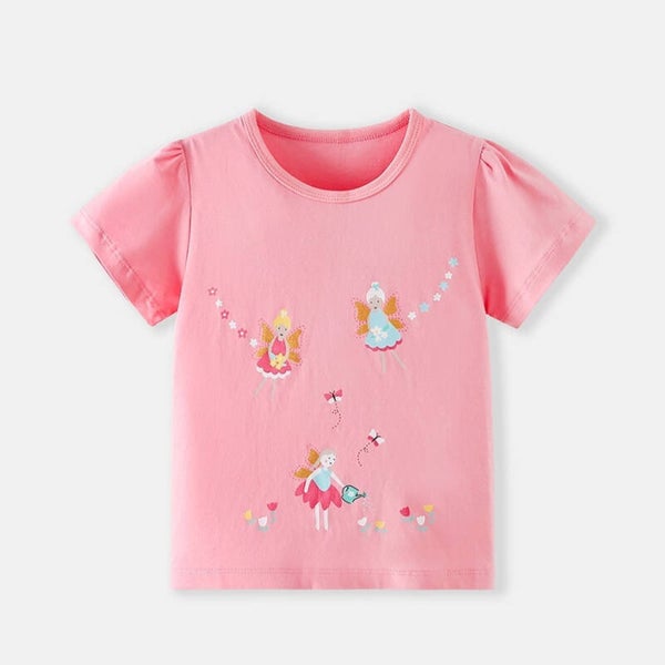 Spring Summer Girls’ Fairy Print Short Sleeve T-Shirt | Soft Cotton Kids Casual Tee for Ages 2–8 Years