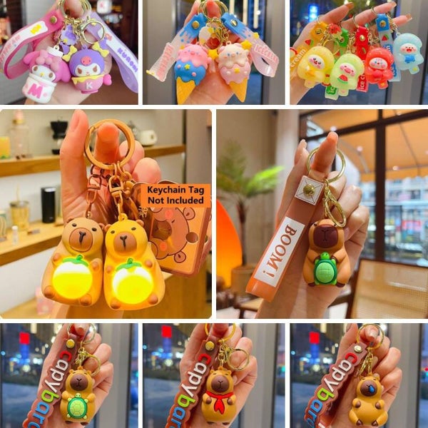 Cute Cartoon-Inspired Keychain Set – Sanrio-Inspired Snacks, Light-Up Capybara, Ice Cream Pig, and Soft Treat Charms (Single or Bundle of 3)