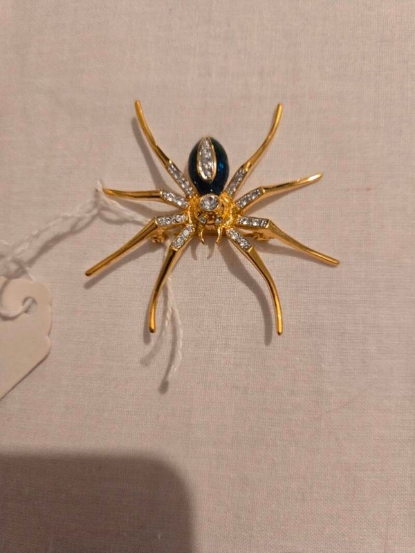 This gold-tone spider brooch features a hinged pin fastening and an textured metal finish.