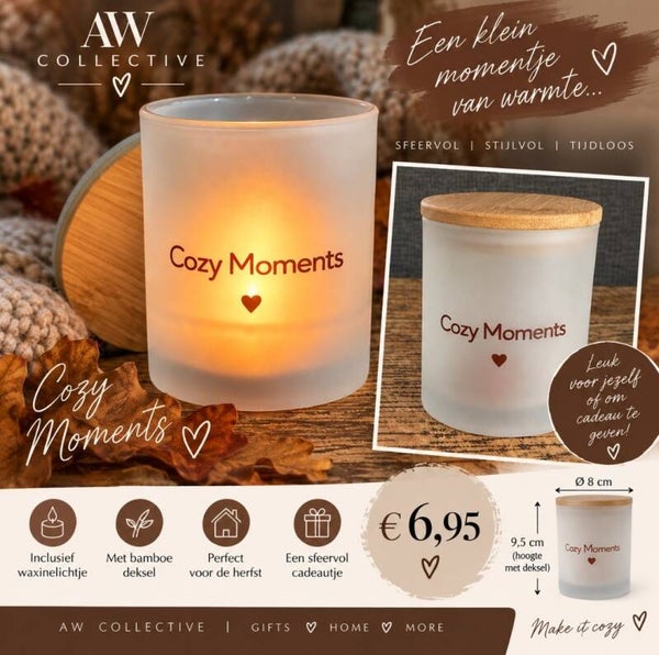 Waxinelichthouder cozy moments- met bamboe deksel en waxinelichtje