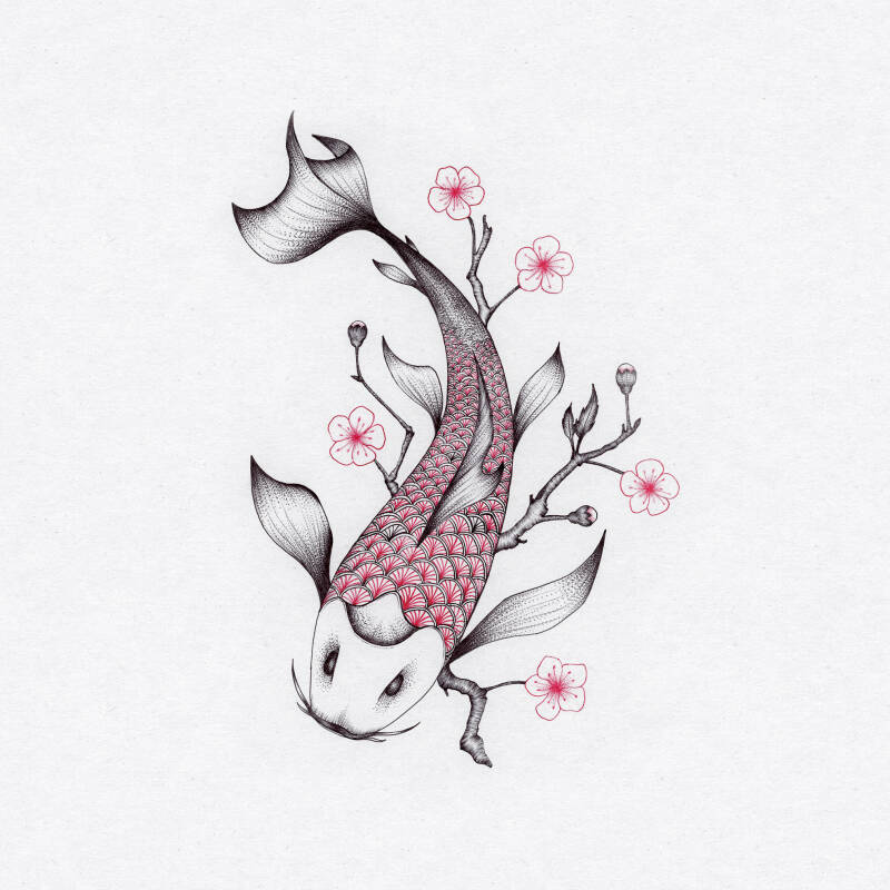 tattoo ballpoint art, dessin machine à tatouer et stylo bille, carpe koi, cerisier jazponais