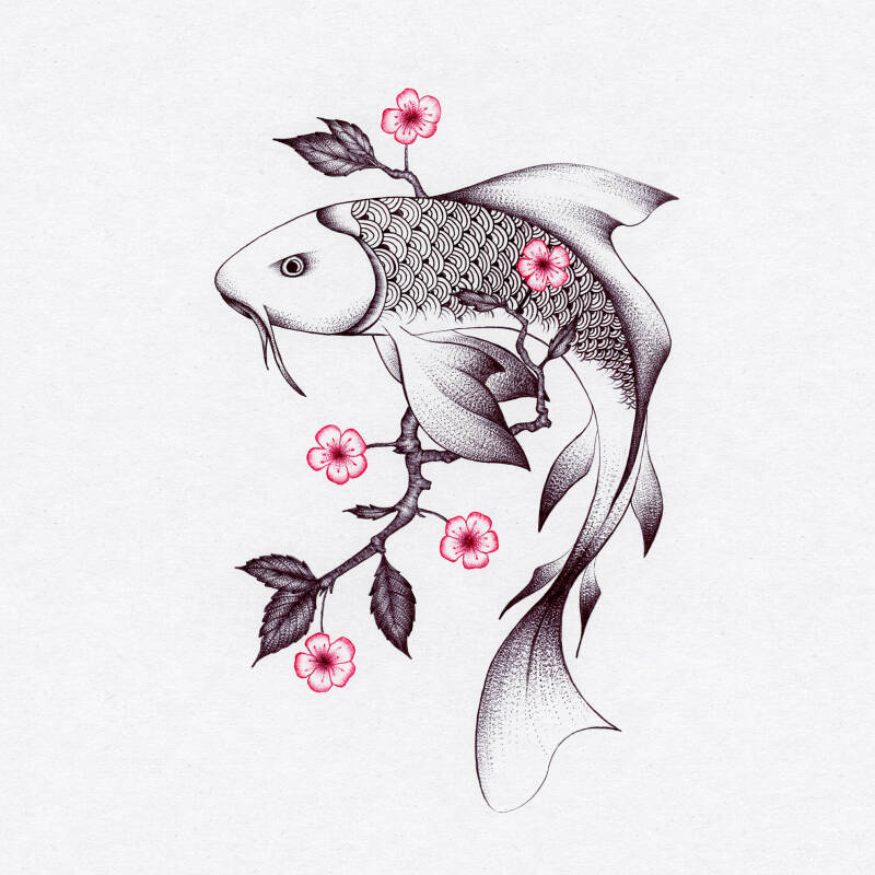 tattoo ballpoint art, dessin machine à tatouer et stylo bille, carpe koi, motif seigaiha, cerisier jazponais
