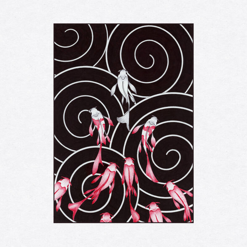 tattoo ballpoint art, dessin machine à tatouer et stylo bille, banc de carpes