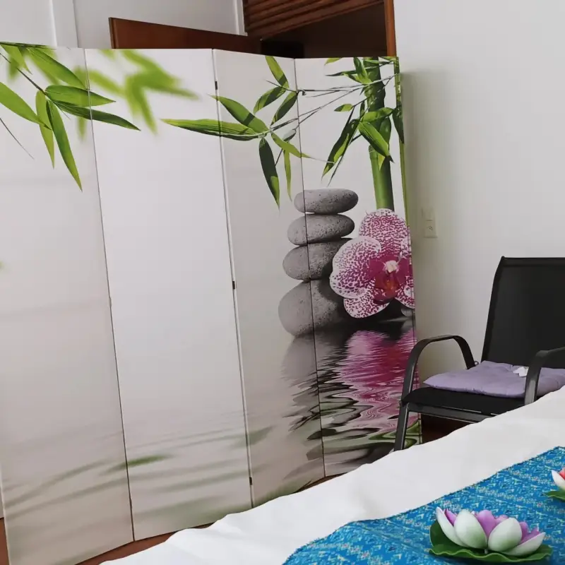 Paravento con decorazioni di bamboo e orchidee all'interno di Ooy Thai massage a Lugano 