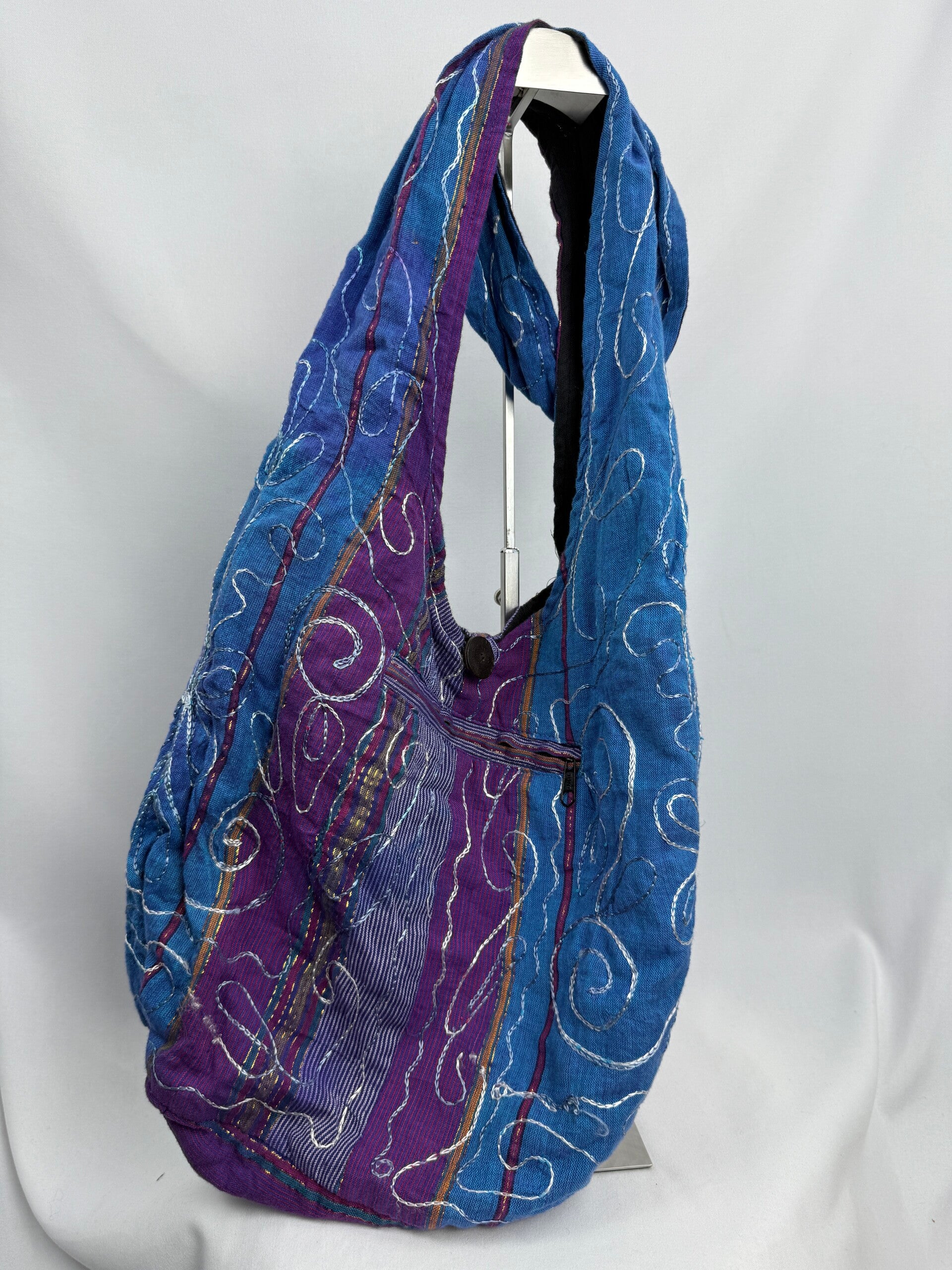 Vintage boho schoudertas – handgemaakt katoen – blauw/paars