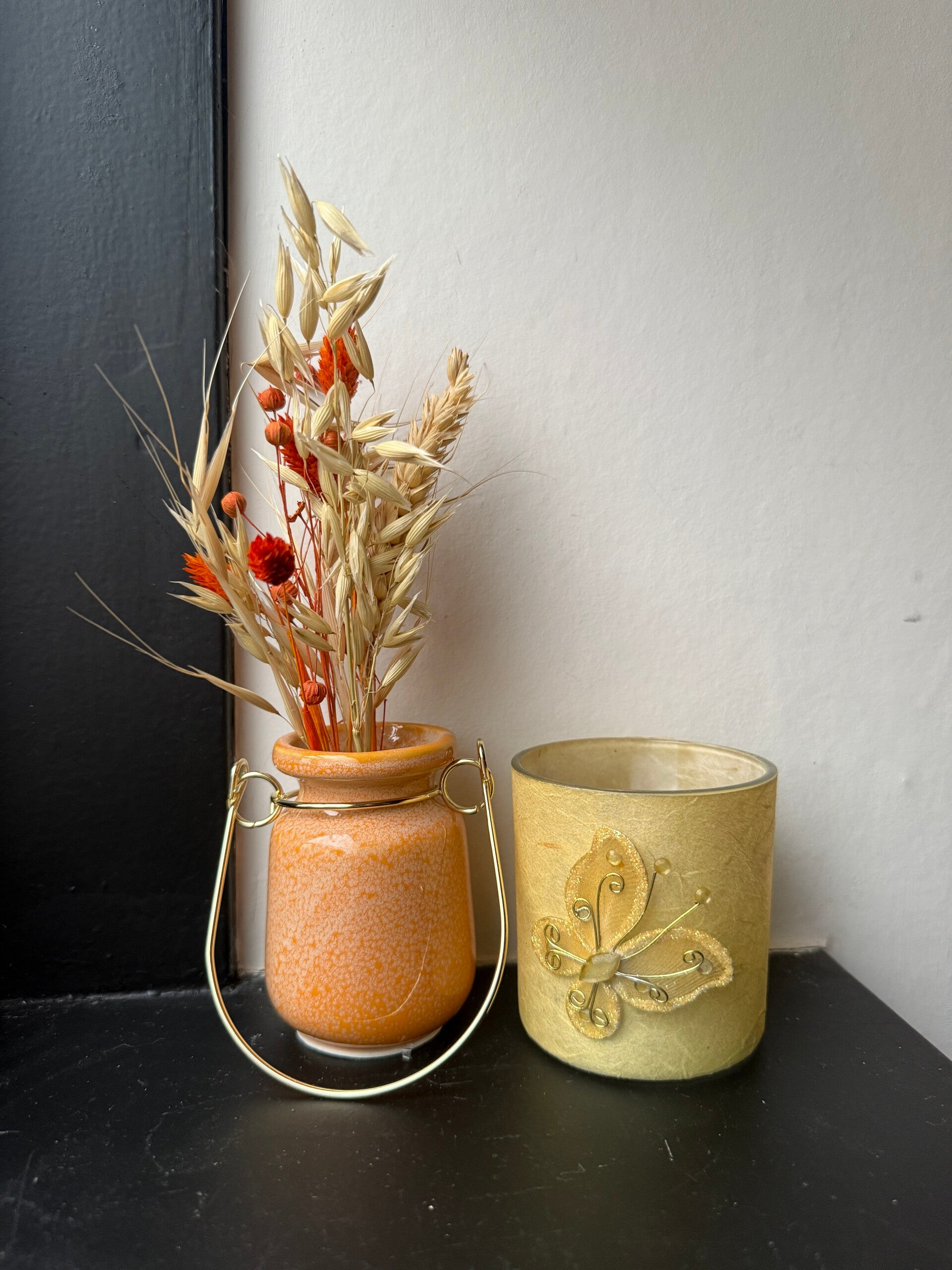 Vintage Decor Set – Oranje Mini Vaas + Geel Waxinelichthouder