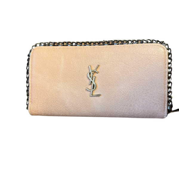 Mooi beige portemonnee/tasje met stoere metalen kettingrand