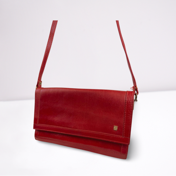 Vintage Rode Leren Schoudertas / Clutch – Echt Leer