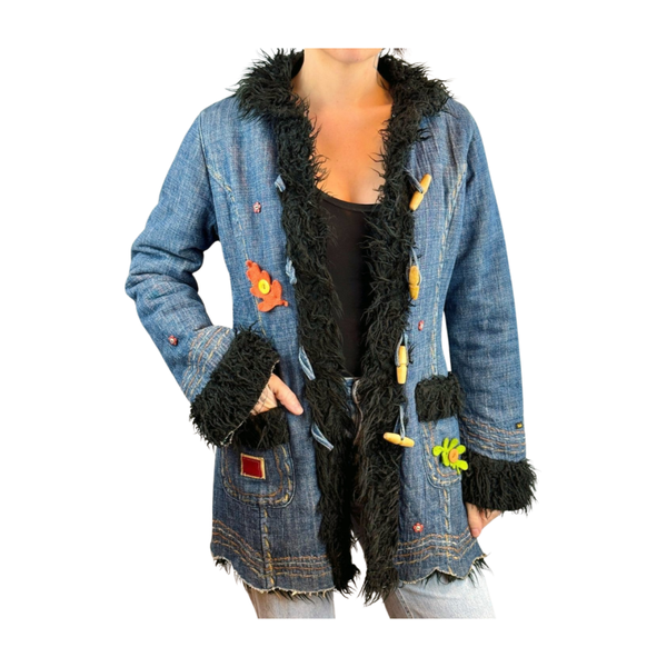 Vintage denim jas met faux fur & patches – statement Y2K
