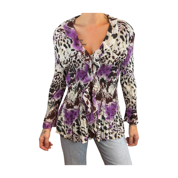 Vintage geplisseerde blouse met ruches – paars animal print – dames